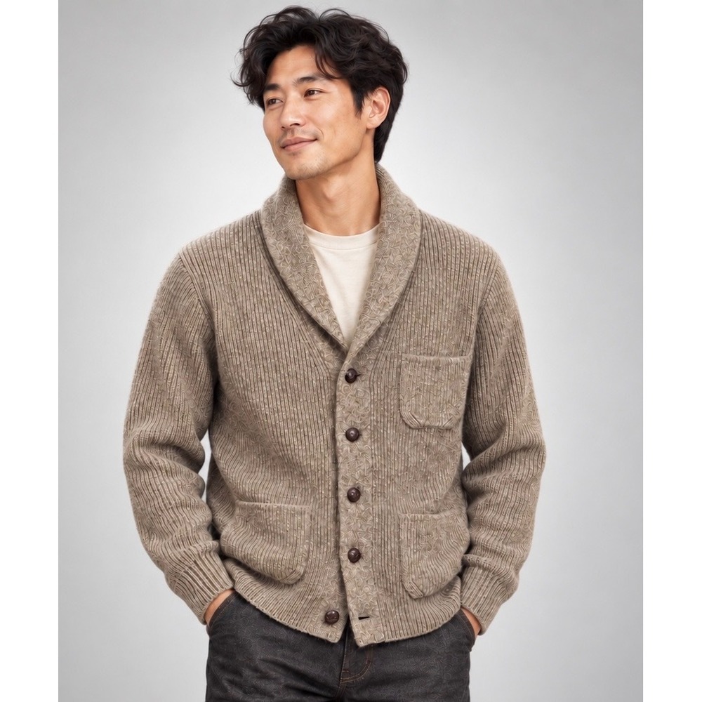 J.Crew Mens 100% Lambswool Shawl Collar Ribbed Cardigan Sweater Taupe Brown M